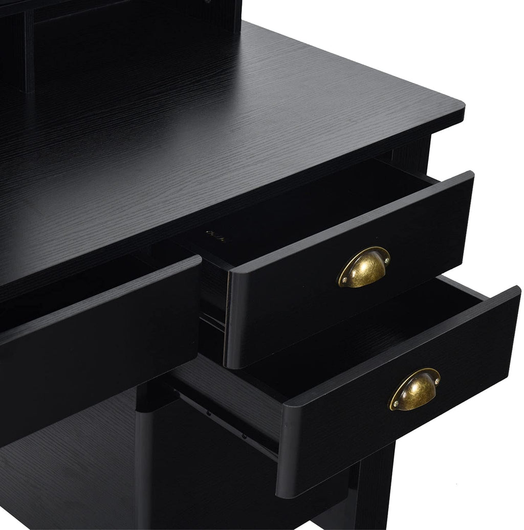 Matte Black Desk With Drawers And Hutch For Home Office