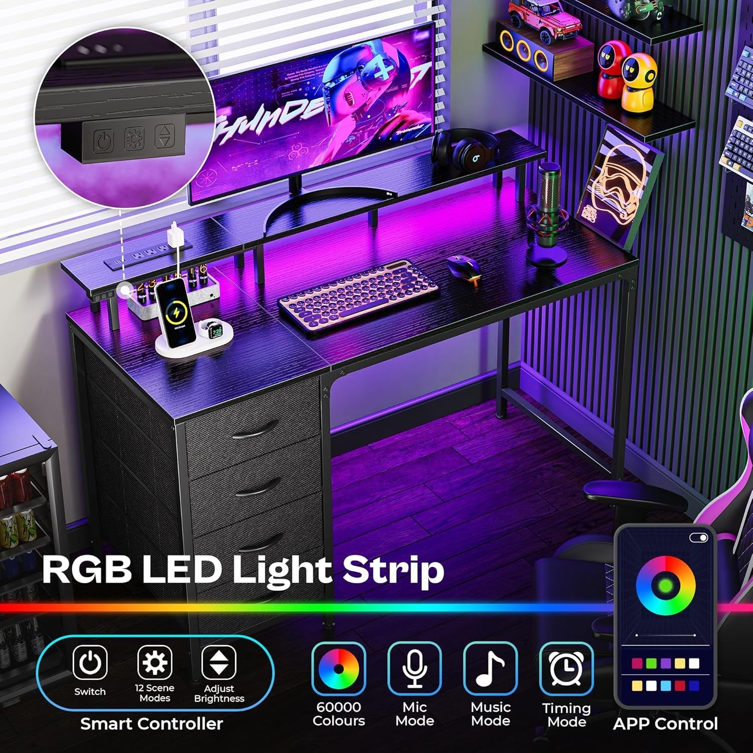 47 Inch Gaming Desk With LED Lights For Home Office