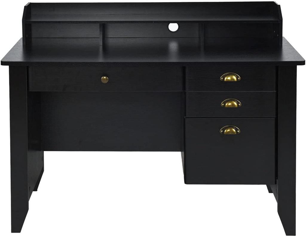 Matte Black Desk With Drawers And Hutch For Home Office