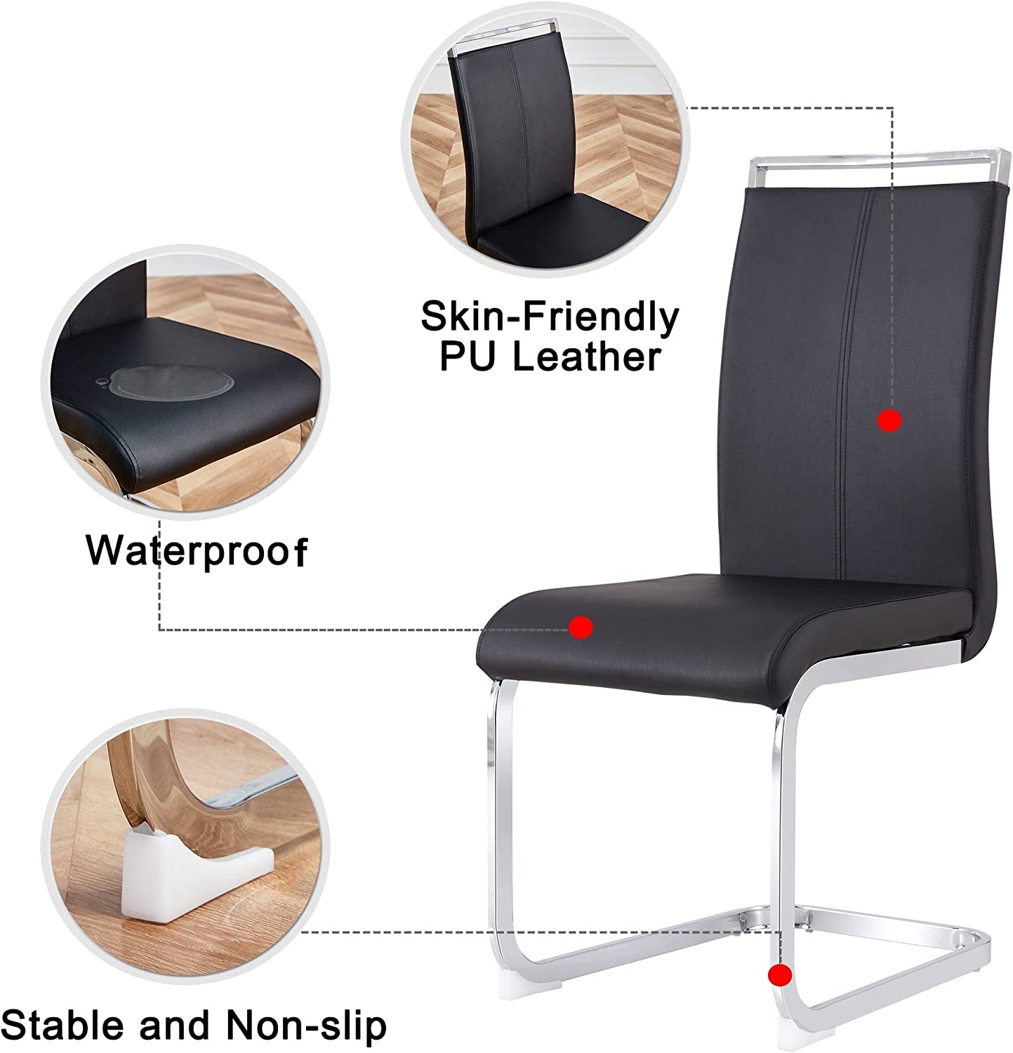 6 Piece Black PU Leather Dining Chairs With Metal Legs