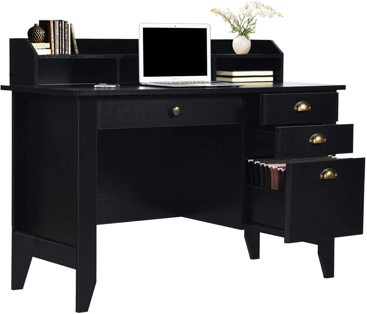 Matte Black Desk With Drawers And Hutch For Home Office