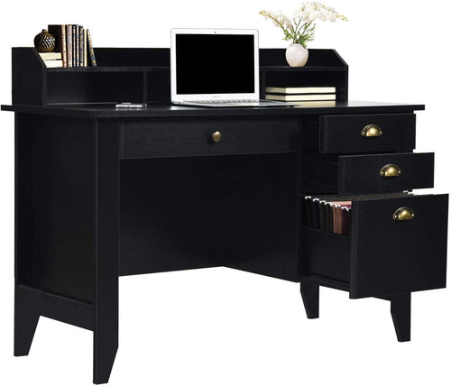 Matte Black Desk With Drawers And Hutch For Home Office